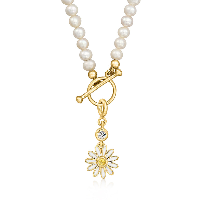 Gold-tone birthstone charm with pearl strands and daisy flower pendant with round stone