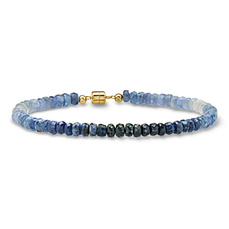 Blue and tonal sapphire bead bracelet with 14kt yellow gold magnetic clasp