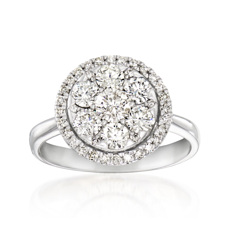 Round diamond cluster halo ring in 14kt white gold with sparkling center stones