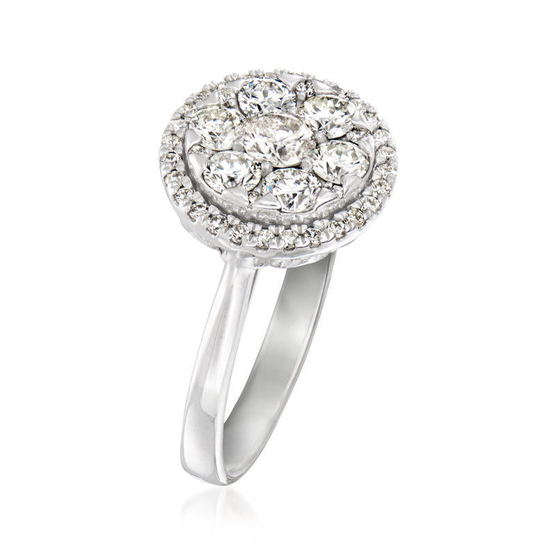 14kt white gold diamond cluster ring with round halo and prominent center stone