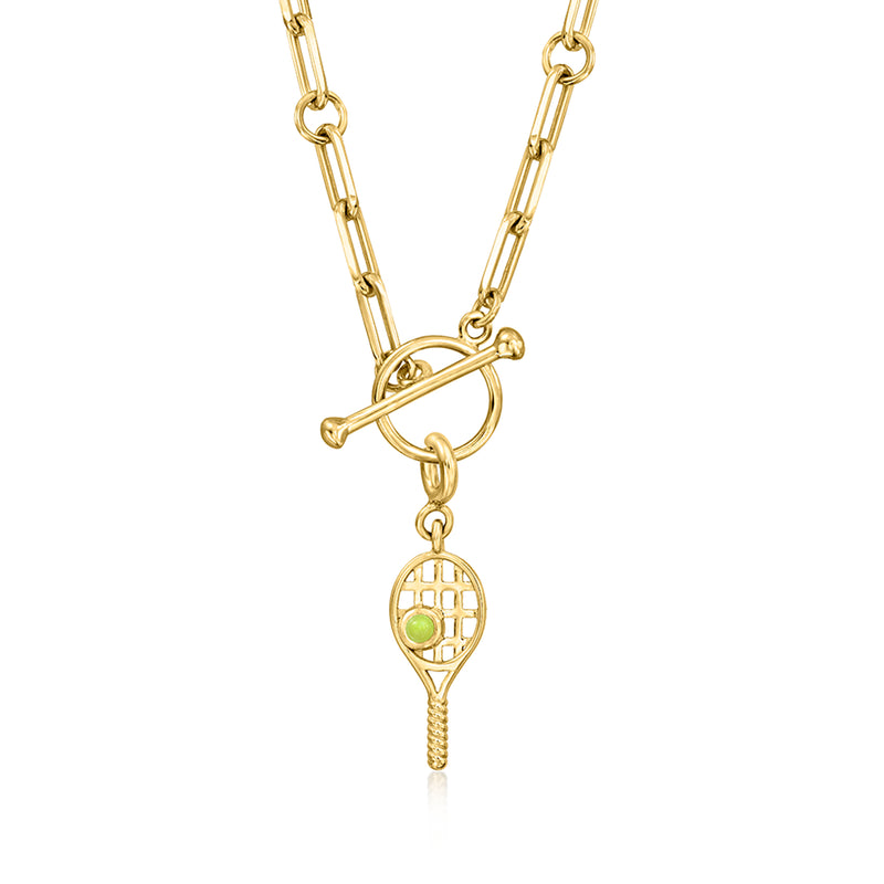 Gold-tone tennis racket charm on linked chain with round yellow gemstone