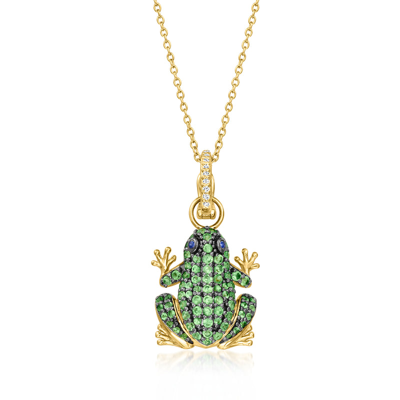 Tsavorite frog pendant necklace with diamonds and blue sapphire accents in gold