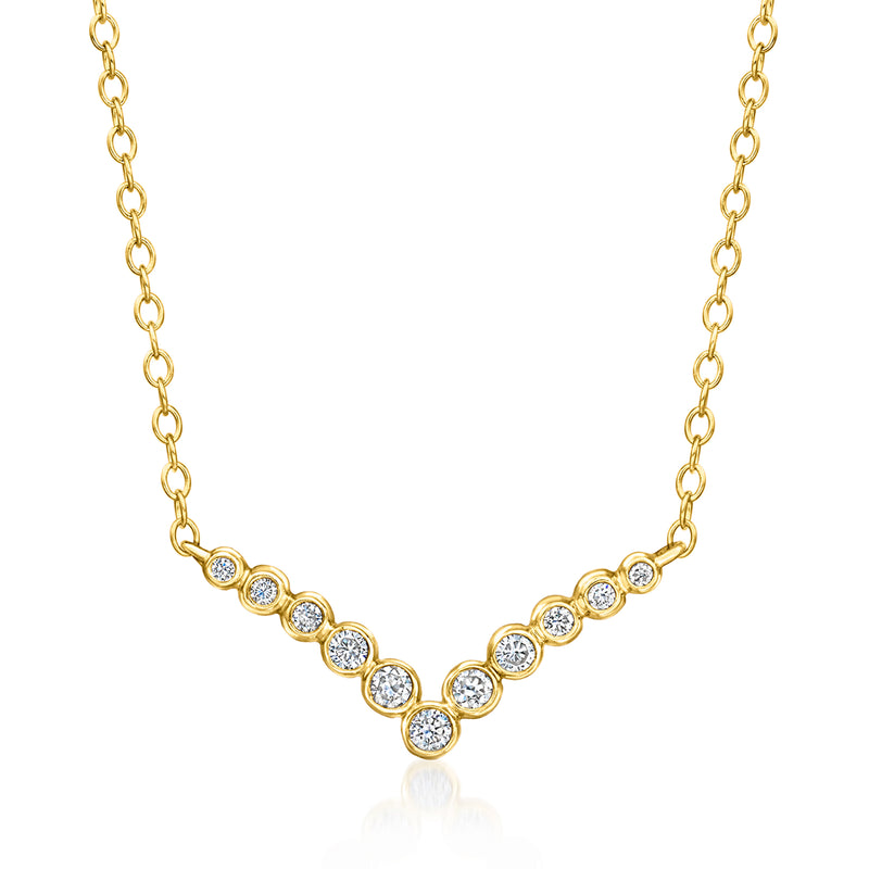 Gold V-shaped diamond necklace with five round stones and link chain