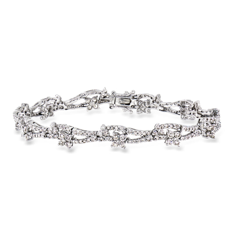 14kt white gold diamond floral bracelet with linked sparkle rows and clasp closure