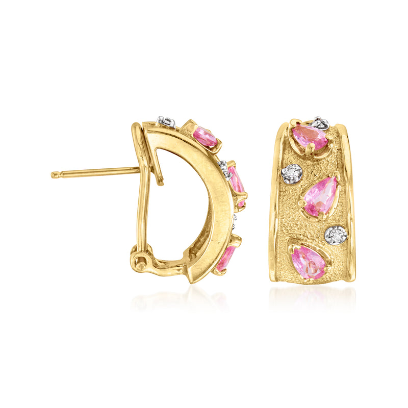 Vintage curved pink sapphire and diamond earrings in 14kt yellow gold with posts