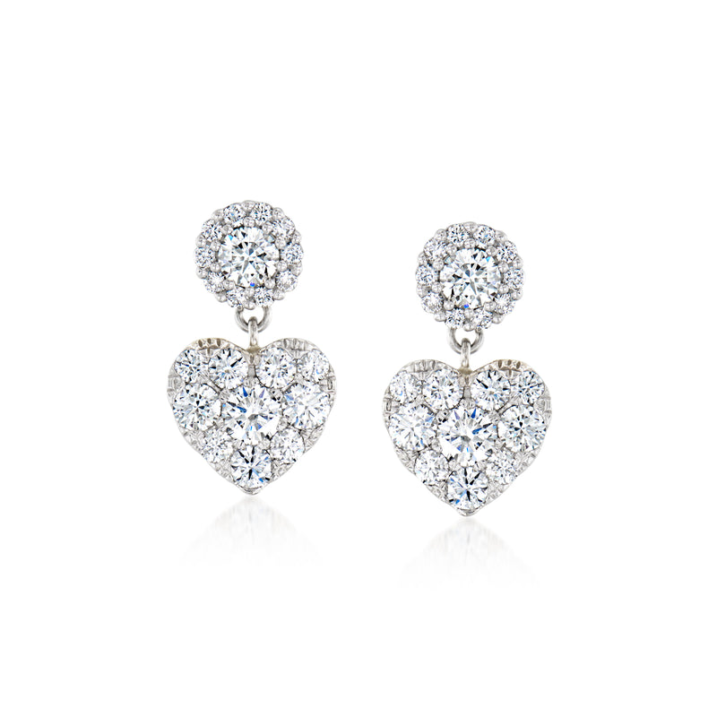 Diamond heart drop earrings in white gold, pair with round and heart-shaped settings