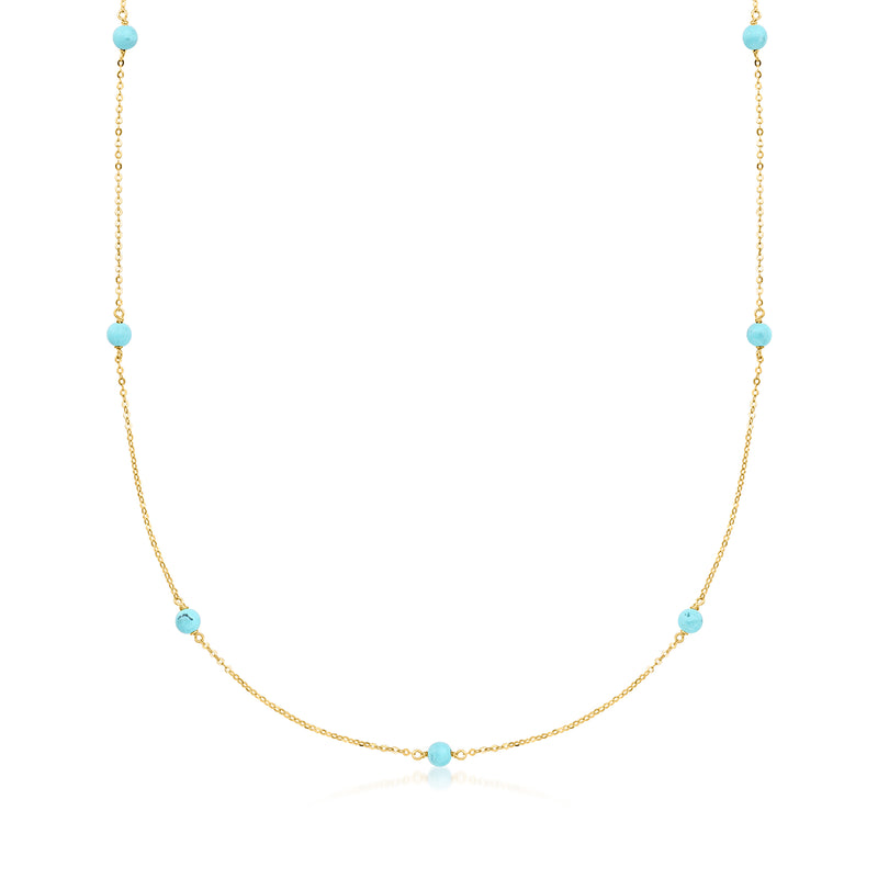 14kt yellow gold station necklace with small turquoise round bead stations