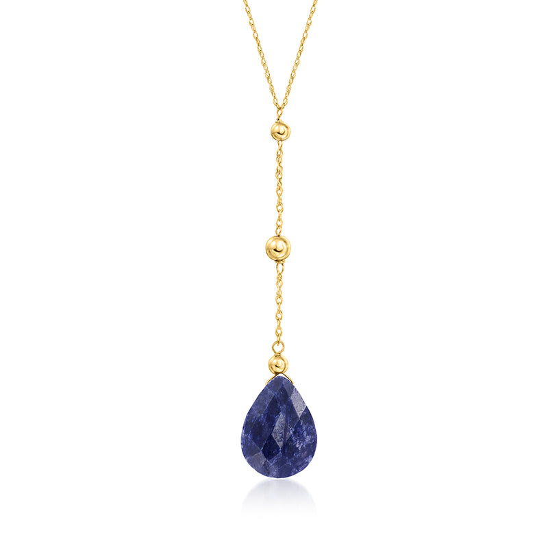 Gold y-necklace with teardrop blue beryl pendant