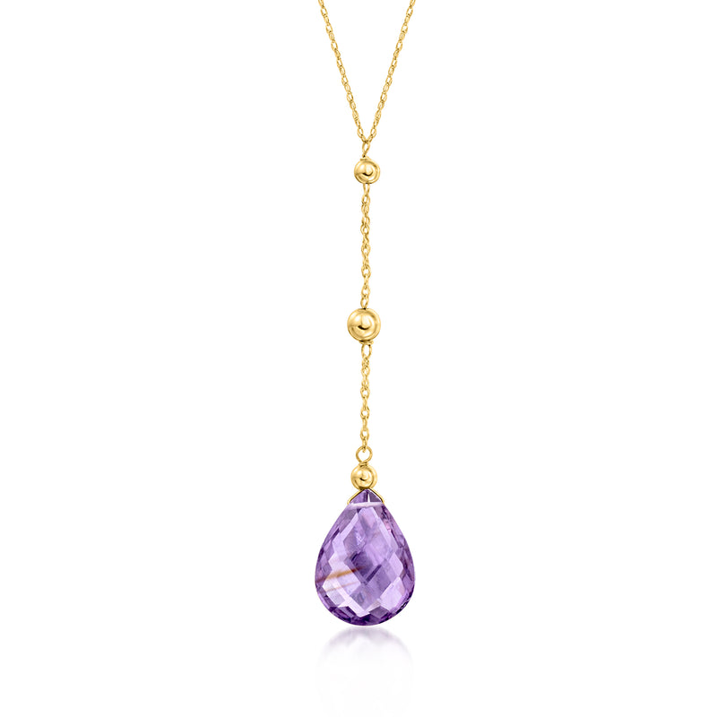 14kt yellow gold Y-necklace with linked chain and faceted amethyst teardrop pendant
