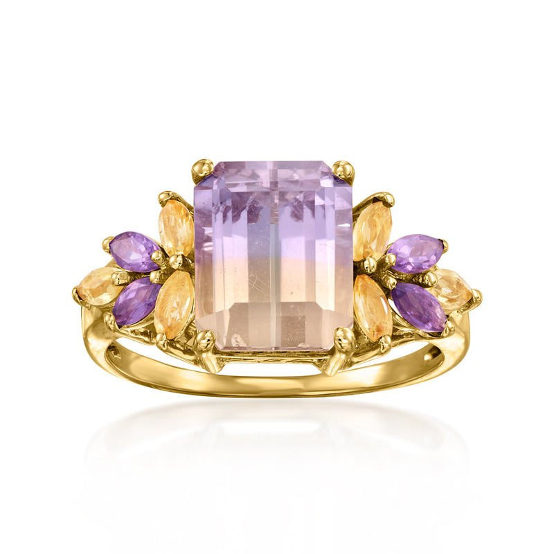 14kt yellow gold ring with large rectangular lavender gemstone and purple and yellow side stones