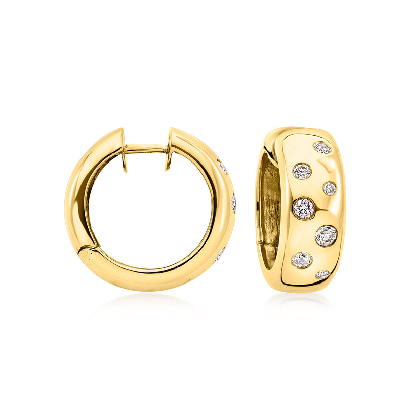 18kt yellow gold hoop earrings with scattered diamond accents, hinged style