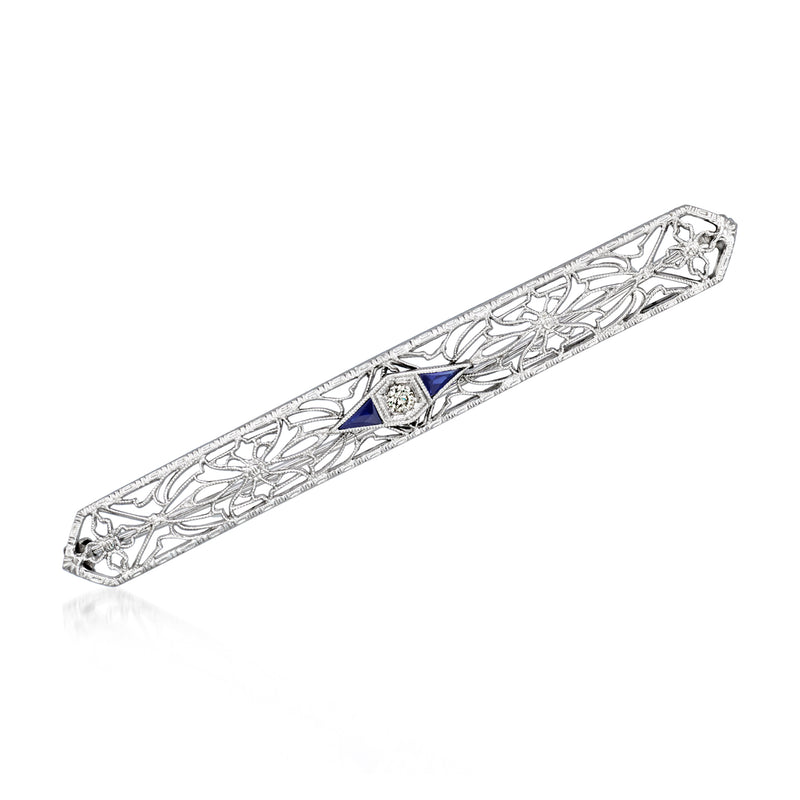 Vintage bar pin in white gold filigree with blue sapphire and diamond accent