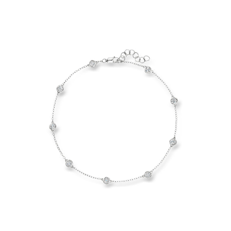 Sterling silver diamond station anklet with bezel-set round lab-grown stones