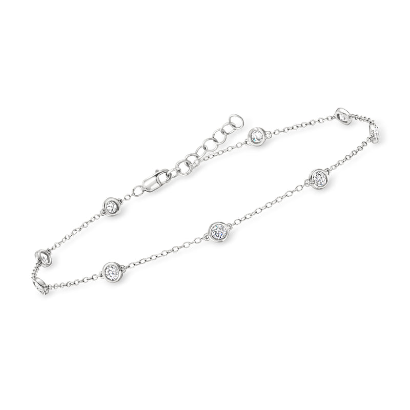 Sterling silver diamond station anklet with three bezel-set round lab-grown diamonds