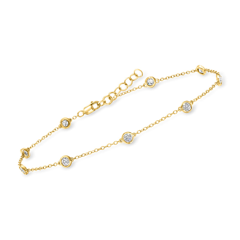 18kt gold over sterling diamond station anklet with round bezel-set stones on chain