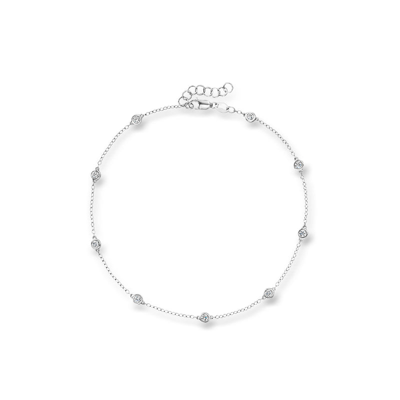 Sterling silver diamond station anklet with small bezel-set round stones