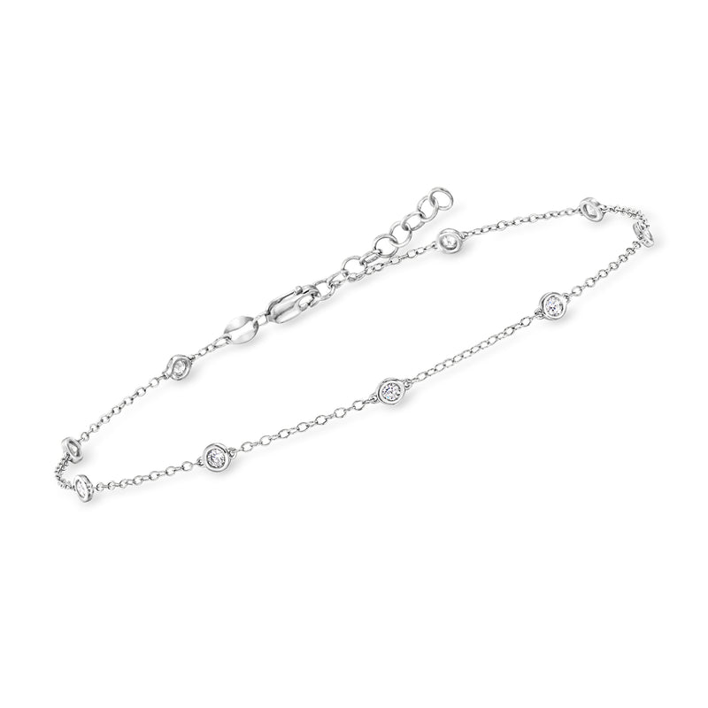 Sterling silver diamond station anklet, round links and bezel-set stones