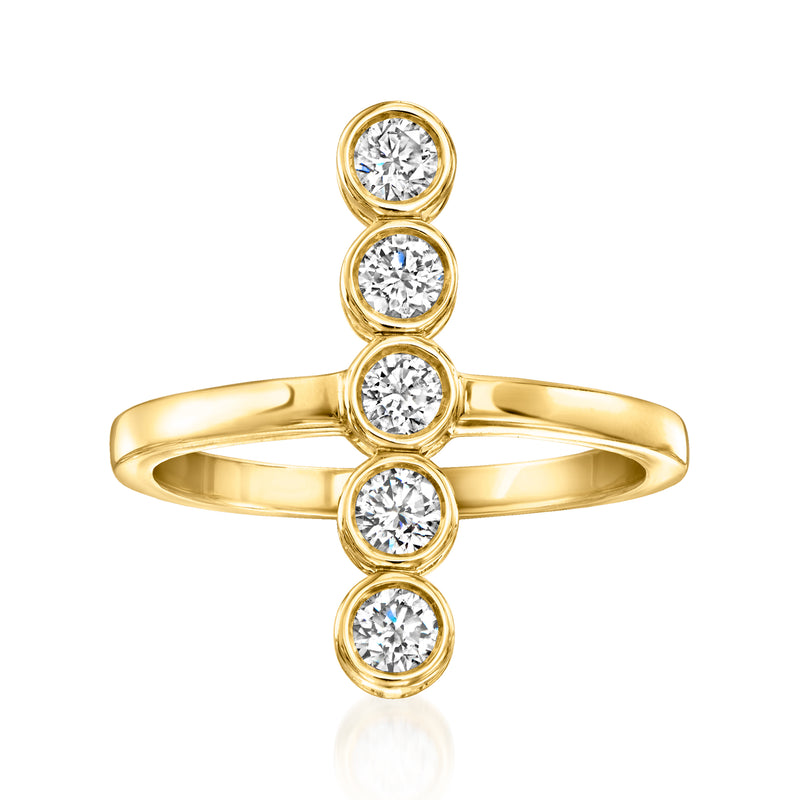Gold vertical bezel-set diamond ring with round bezel stones on split shank