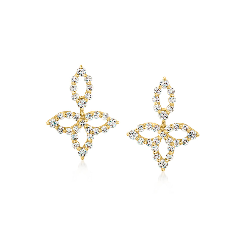 18k yellow gold diamond flower earrings with marquise stones, post backs
