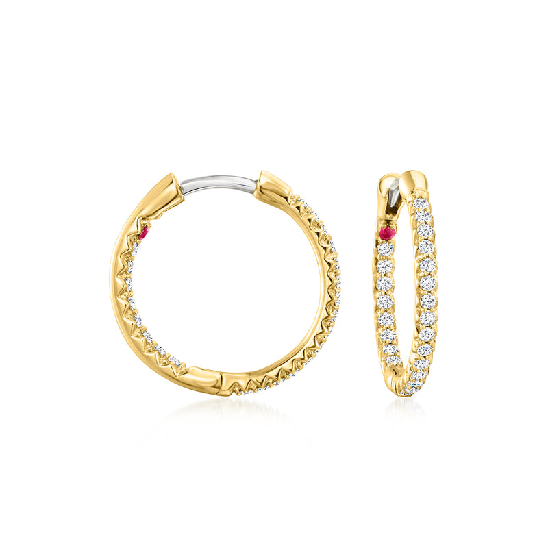 18kt yellow gold inside-out diamond hoop earrings with pink gemstone accents