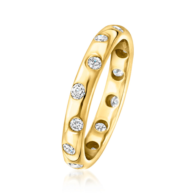 Gold eternity band side view with round diamonds in bezel settings