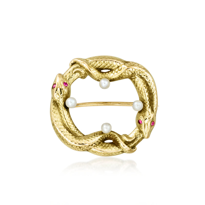Vintage 14kt yellow gold double-snake pin with seed pearls and ruby accents