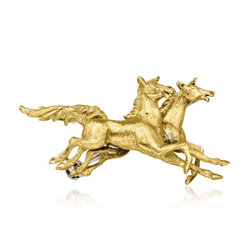 Vintage 18k yellow gold horses pin with three-dimensional rearing horse design