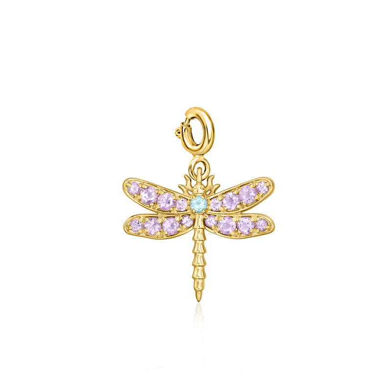 Gold dragonfly charm with purple stones and blue center, on a hinged loop