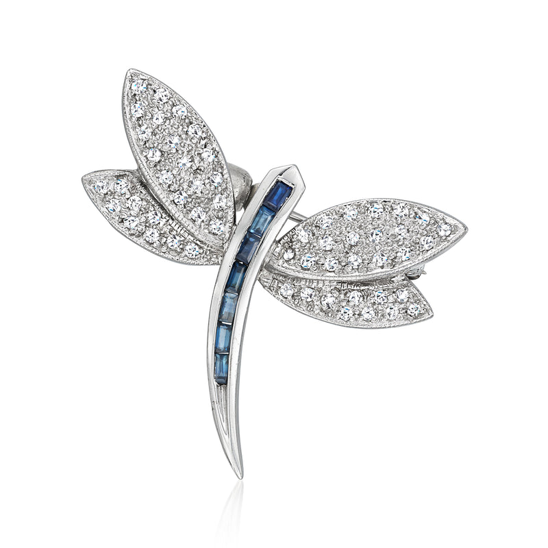 Diamond and sapphire dragonfly pin in white gold, pave wings with blue sapphire body