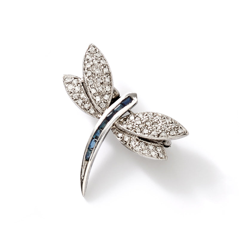 Diamond and sapphire dragonfly pin in white gold