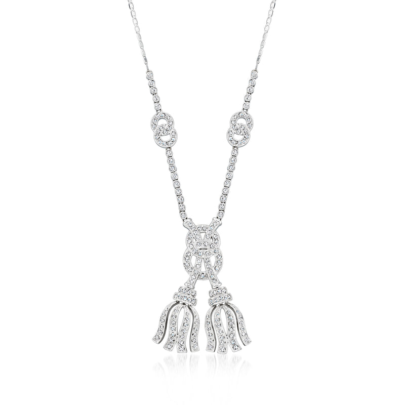 Diamond tassels necklace in 14kt white gold, oval pendant with dangling tassels
