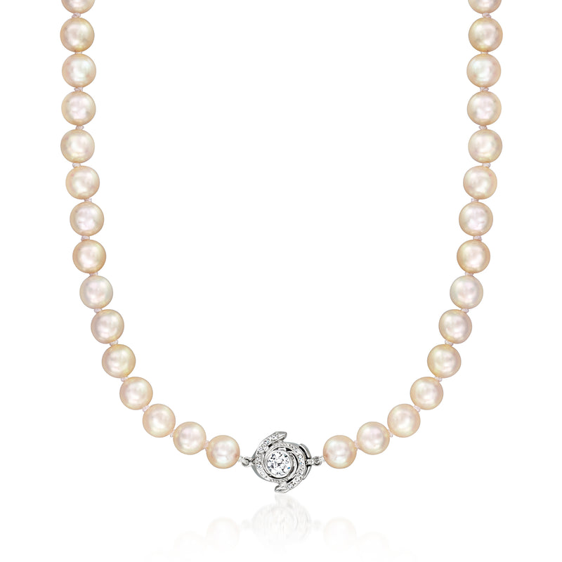Cultured pearl necklace with round pearls and diamond halo clasp on white gold