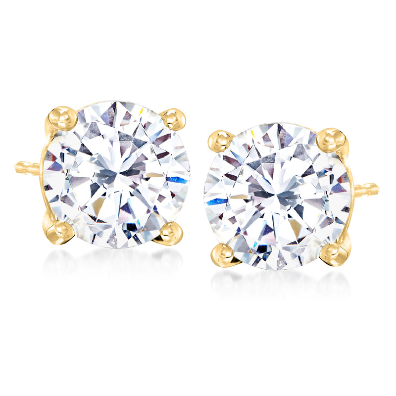 14kt yellow gold CZ round stud earrings, clear stones in prong settings