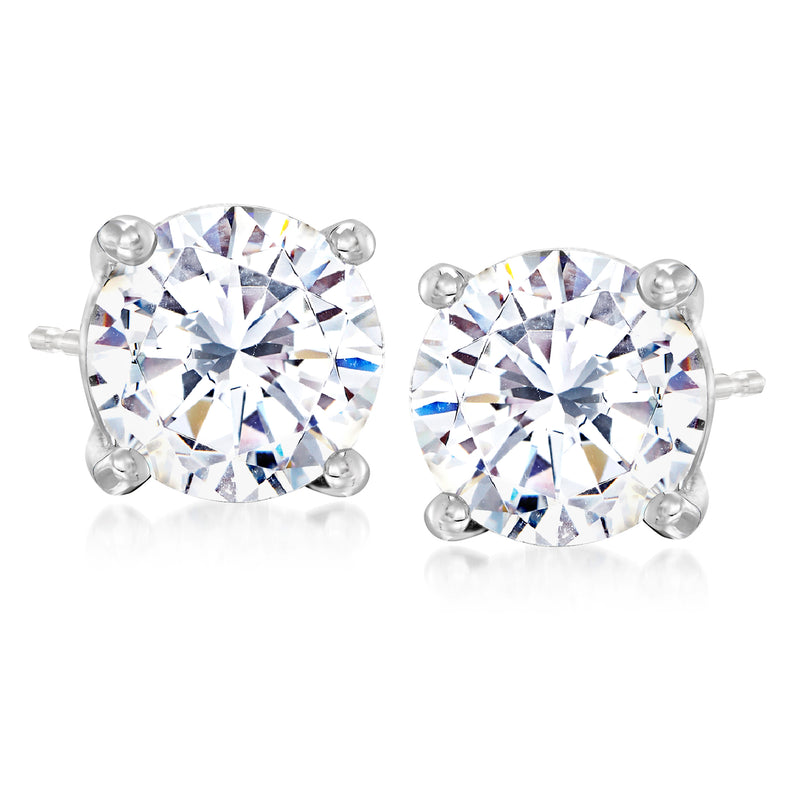 Round clear CZ stud earrings in 14kt white gold, four-prong settings