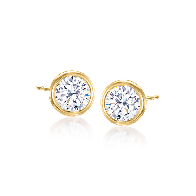 14kt yellow gold bezel-set CZ stud earrings with round clear stones