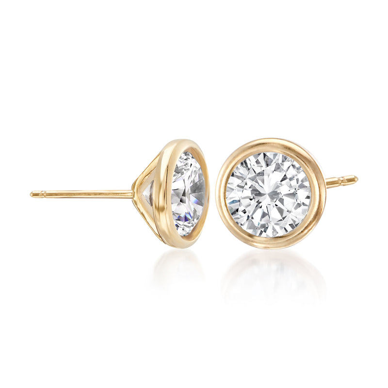 Round CZ stud earrings in 14kt yellow gold, side view of bezel settings