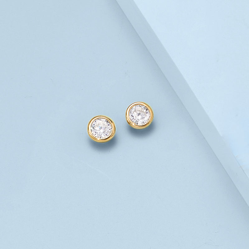Small round CZ stud earrings in 14kt yellow gold bezel settings