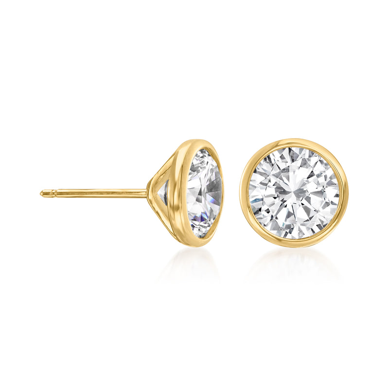 Round CZ stud earring in 14kt yellow gold, side view with long post