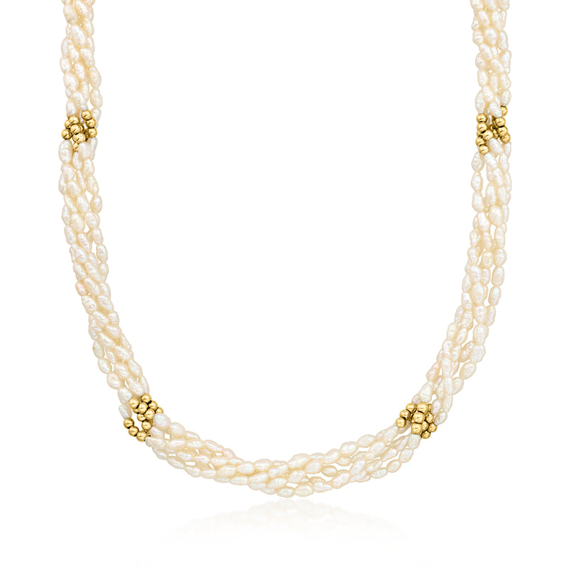 Cultured pearl bead torsade necklace with 14kt yellow gold stations