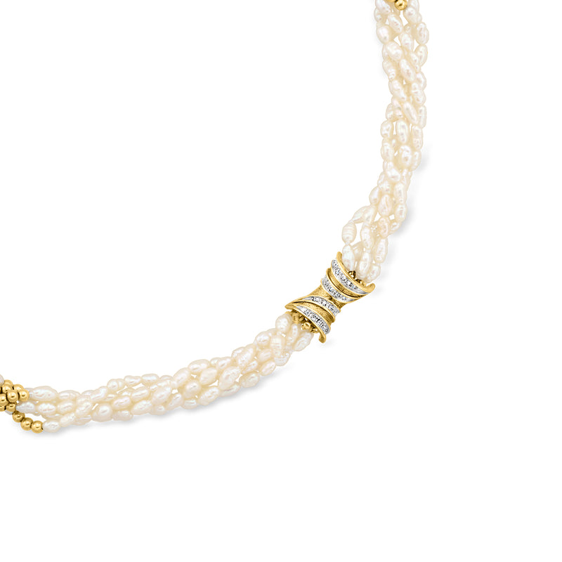 Cultured pearl torsade necklace with yellow gold clasp and diamond accents