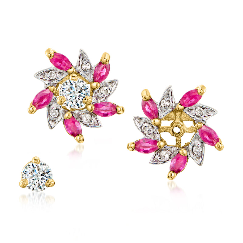 14kt yellow gold ruby and diamond star stud earrings with jackets, pair