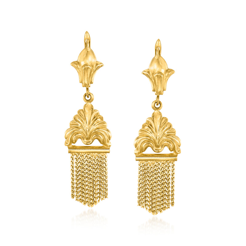 Vintage 18kt yellow gold tassel drop leverback earrings with mesh chain fringe