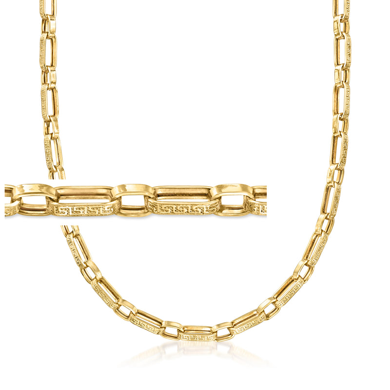 18kt yellow gold Greek key link necklace, long chain with alternating square links