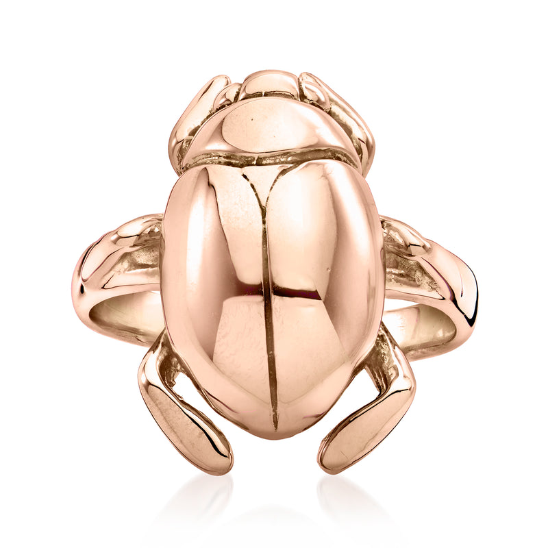 Rose gold scarab beetle ring with raised shell and curved side claws