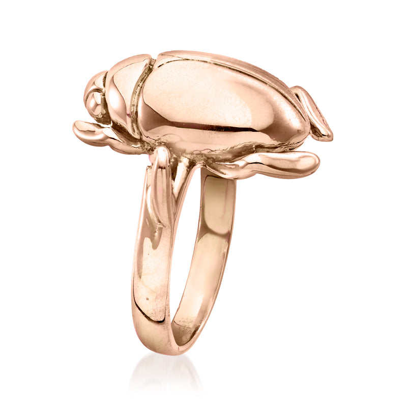 Rose gold scarab beetle ring side view with sculpted shell and claw-like details