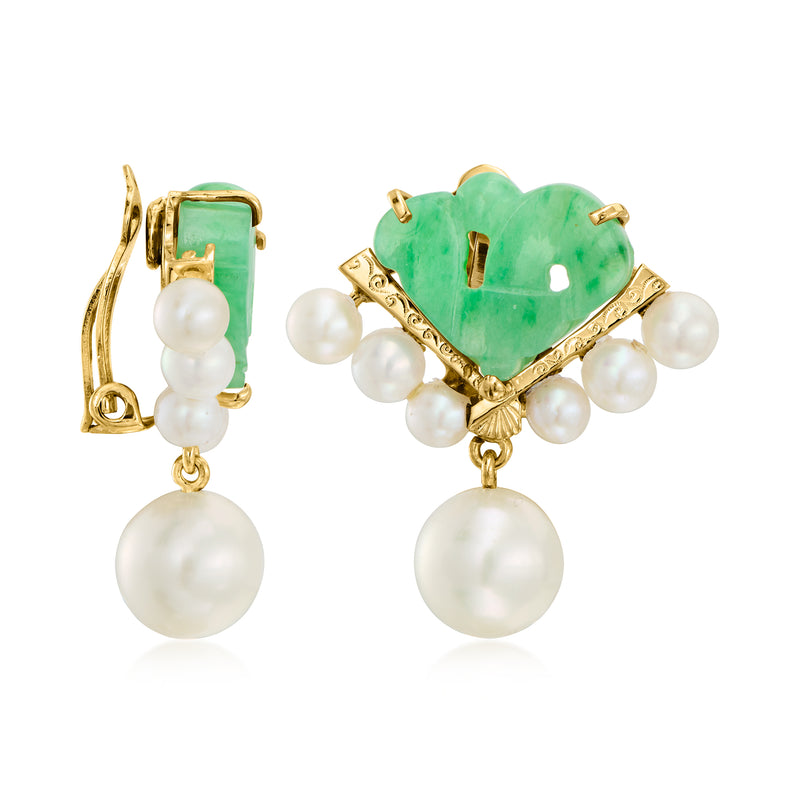 Clip drop earrings side view with green jade heart, white pearls, and yellow gold setting.