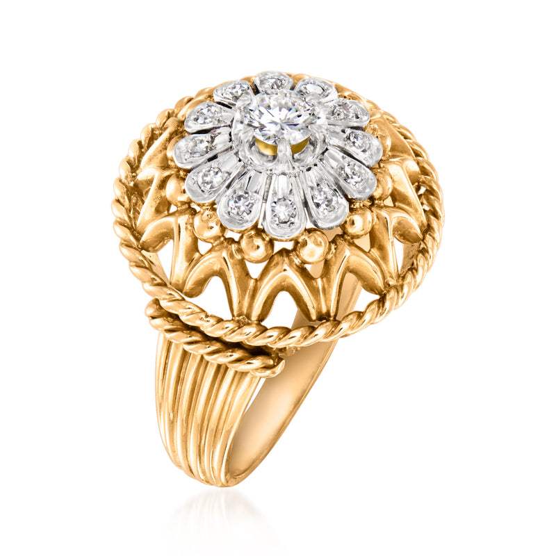 Vintage gold diamond halo ring with round center stone and scalloped diamond details