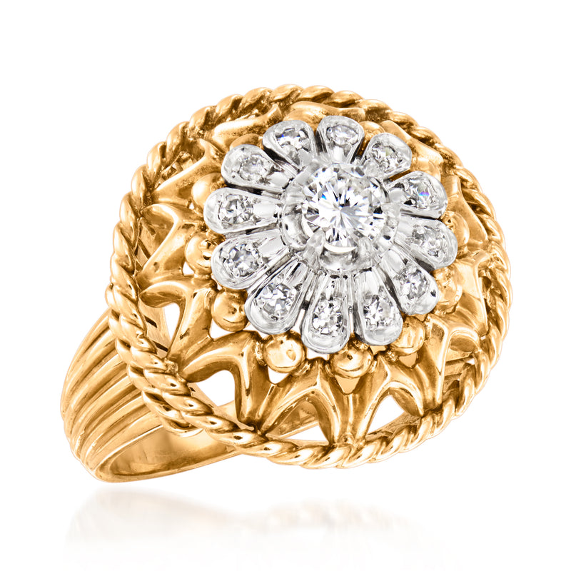 Vintage gold diamond cluster ring with round center diamond and petal-like halo