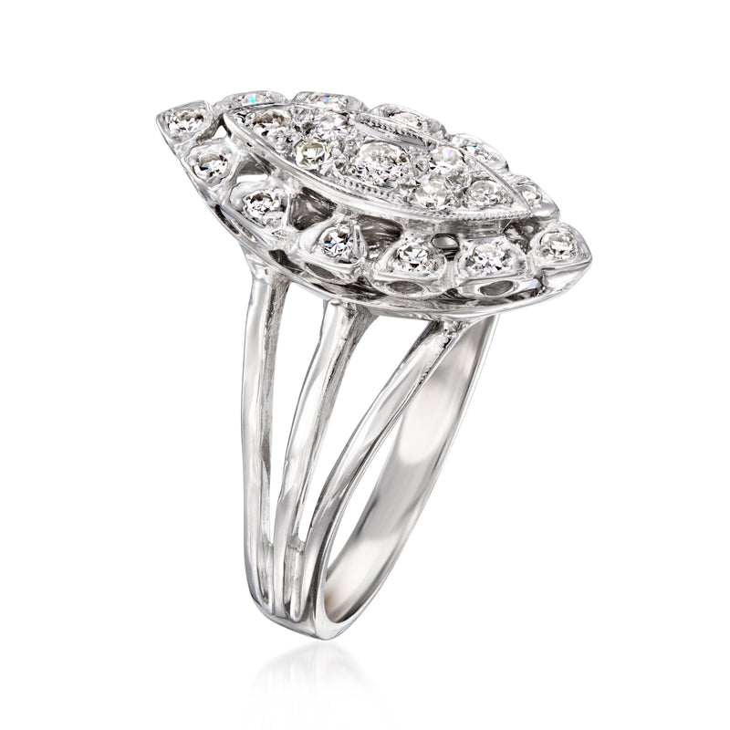 Navette diamond ring in 14kt white gold, angled view of marquise setting