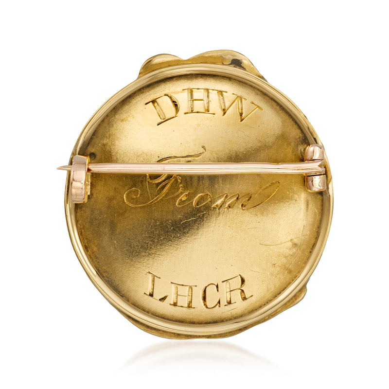 Yellow gold portrait pin back with clasp and engraved lettering